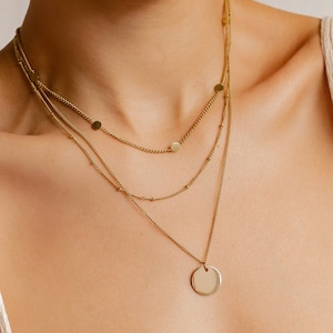 Circle Necklace Layering Set Gold Plated | Set of 2 Necklaces: Short Coin Necklace and Double Layered Necklace with Disc Pendant