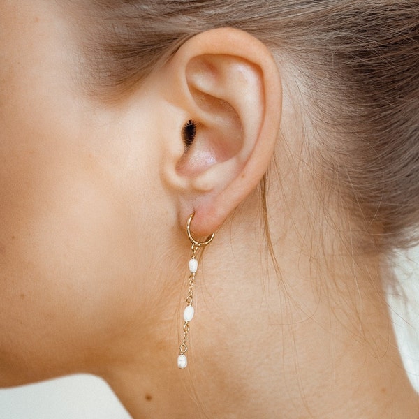 Triple Pearl Hoop Earrings Gold Sterling Silver | 925 Silver Huggie Earrings with Pearl Charm 18K Gold Plated