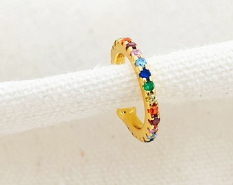 Multicolour Stone Ear Cuff Gold Plated | Round Ear Cuff Earring Colourful Rhinestones Sterling Silver Jewellery