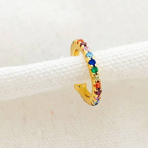 Multicolour Stone Ear Cuff Gold Plated | Round Ear Cuff Earring Colourful Rhinestones Sterling Silver Jewellery
