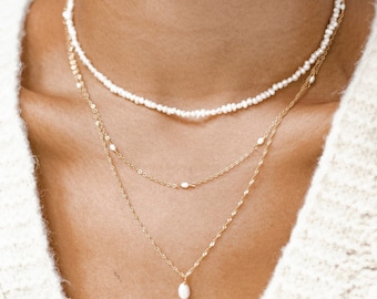 Pearl Necklaces Set Gold Sterling Silver | 3 Delicate Layering Necklaces