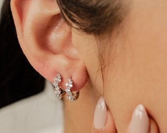 Gemstone Huggie Earrings Sterling Silver | Dainty CZ Earrings | 925 Silver Small Hoops Earrings with Zirconia Stones