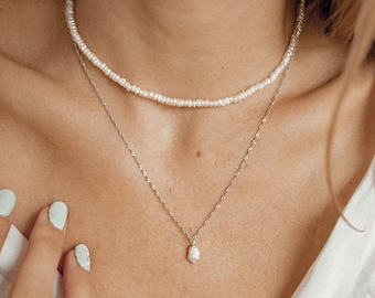 Pearl Necklaces Sterling Silver Set | 2 Delicate Layering Necklaces Set