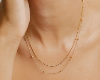 Layered Fine Chain Necklace Gold | Snake Chain and Satellite Necklace | Dainty Women Necklace Stainless Steel