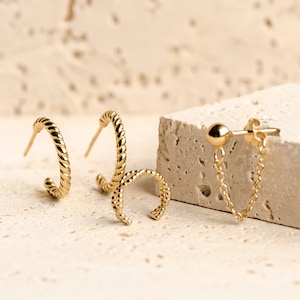 Ear Stack Set 925 Sterling Silver | 4 Stackable Earrings: Twisted Hoop Earrings, Ear Chain Stud Earring and Ear Cuff in Gold and Silver