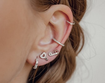 Heart Key Stud Earrings Sterling Silver | Silver Ear Studs with Zirconia