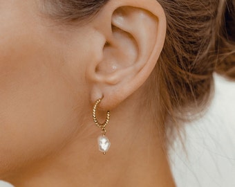 Twisted Hoop Pearl Drop Earrings Sterling Silver Gold Plated | Hoop Earrings with Pearl Pendant