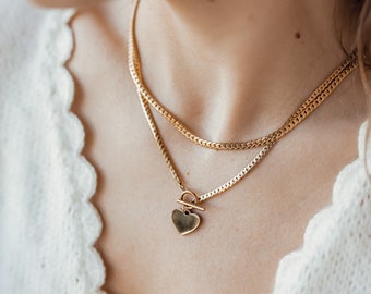 Heart Pendant T-Bar Necklace 18K Gold Plated | Heart Necklace Tarnish Resistant Waterproof Necklace