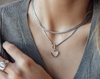 Collier en forme de cœur avec barre en T (couleur argentée) | Collier chaîne avec fermoir à bascule délicat et coeur en acier inoxydable