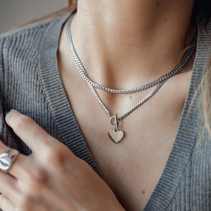 Heart Charm T-Bar Necklace in Silver Colour | Delicate Toggle Clasp Chain Necklace with Heart Stainless Steel