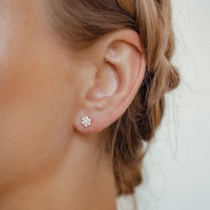 Sunburst Stud Earrings Sterling Silver | Small Silver Flower Stud Earrings with Gemstones | Rose Gold Earrings Flower