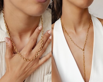 Chunky Kette Gold | Großgliedrige Kette | Gliederkette Rosegold | Chunky Chain Kette | Ankerkette Rosegold | Y Kette Verstellbar Wasserfest