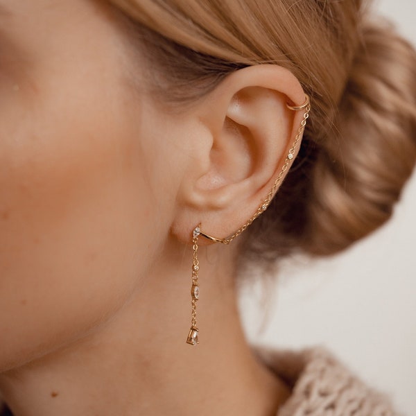 Double Ear Cuff | Chain Cuff Earring Sterling Silver | Double Earring | Chain Hoop Earring | Chain Ear Cuff Earring | Gold Cartilage Earring