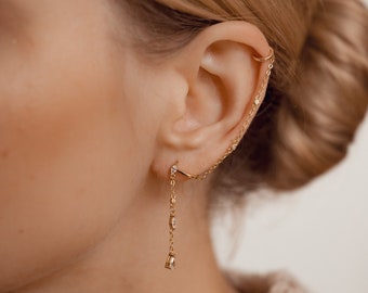 Ohrring mit Kettchen | Ohrklemme Silber 925 | Ohrmanschetten Gold | Fake Helix | Ear Cuff Ohrring Kettchen | Doppel Ohrring