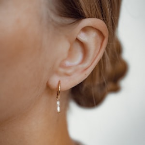 Double Pearl Hoop Earrings Gold Sterling Silver | 925 Silver Hoop Earrings with Pearl Charm 18K Gold Plated | Pearl Rose Gold Earrings