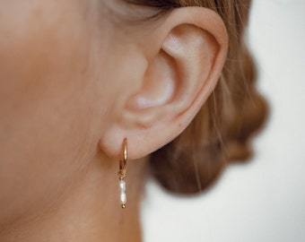 Double Pearl Hoop Earrings Gold Sterling Silver | 925 Silver Hoop Earrings with Pearl Charm 18K Gold Plated