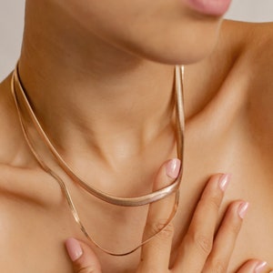 Layering Necklace Set: Herringbone & Snake Chain, Waterproof Stainless Steel