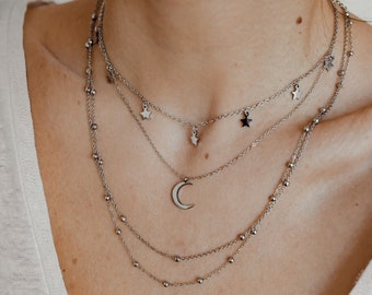 Multilayer Necklace Set in Silver | 3 Necklaces - Half Moon Necklace, Double Layered Necklace and Necklace with Star Charms