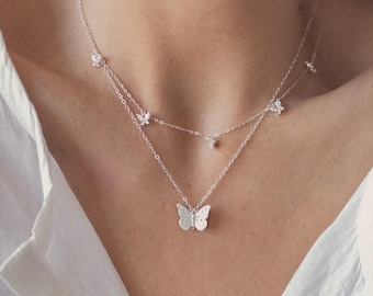 Butterfly Pendant Necklaces Sterling Silver | 2 Layering Necklaces Butterfly Set