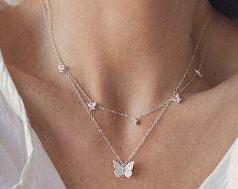 Butterfly Pendant Necklaces Sterling Silver | 2 Layering Necklaces Butterfly Set