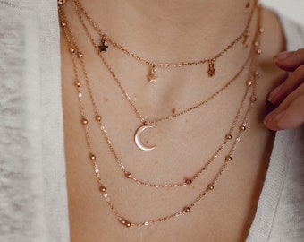 Multilayer Necklace Set Rose Gold | 3 Necklaces - Half Moon Necklace, Double Layered Necklace and Necklace with Star Charms