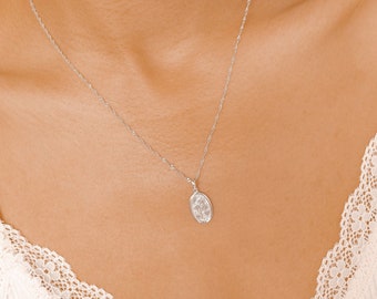 Oval Daisy Pendant Necklace | Delicate Chain Necklace with Flower Coin Pendant Sterling Silver