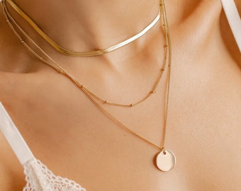 Classy Layering Set Gold Plated | Herringbone Chain Choker and Double Layered Necklace