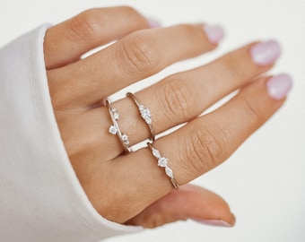 Gemstone Ring Sterling Silver | Slim Apex Ring with Zirconia Stones