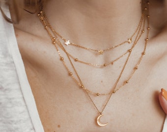 Layering Necklaces Gold Plated | Stars and Moon 3 Necklaces Set