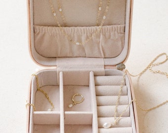 Pearl Sterling Silver Gold Jewelry and Case Set | Set of 2 Fine Chain Necklaces, Pearl Earrings, Bracelet and Storage Case