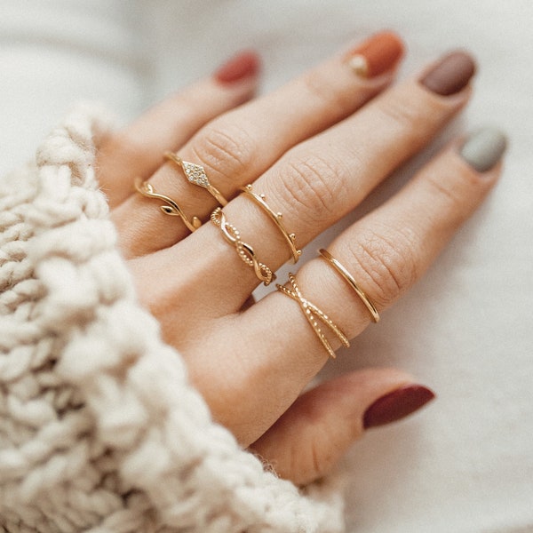 Stackable Sterling Silver Ring Set in Gold | Beaded Plain Band Rings with 18K Gold Plated