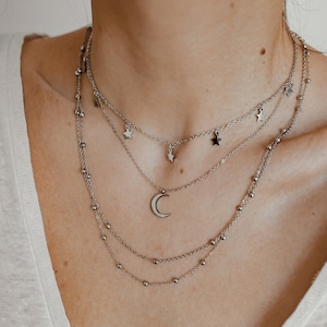 Multilayer Necklace Set in Silver | 3 Necklaces - Half Moon Necklace, Double Layered Necklace and Necklace with Star Charms