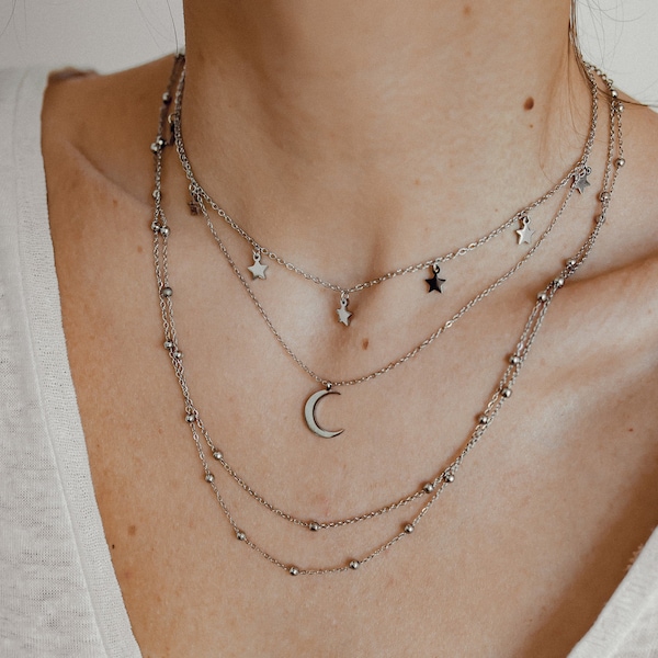 Multilayer Ketten Set in Silber | 3 Ketten - Halbmond Kette, Zweireihige Kette und Kette mit Stern Anhängern