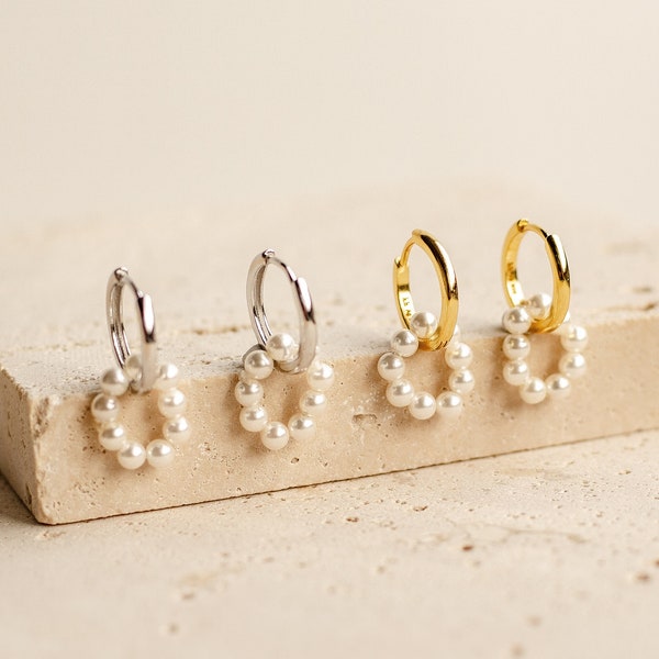 Pearl Hoop Earrings | Charm Hoop Earrings | Hoop Earrings with Charm | Gold Plated Sterling Silver Earrings | Hoop Pearl Earrings