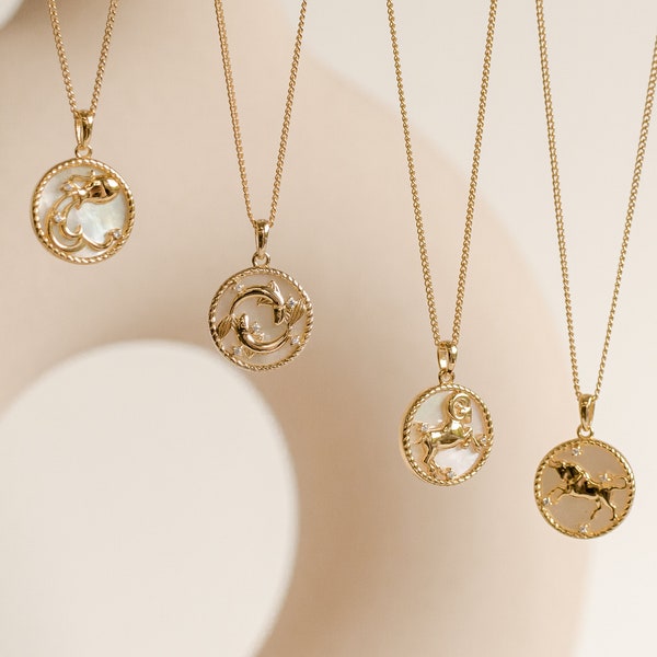 Zodiac Pendant Necklace 18K Gold Plated Sterling Silver | Astrology Necklace | Zodiac Sign Necklace | Horoscope Charm Necklace with Gemstone