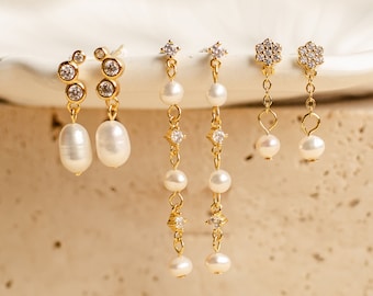 Pearl Drop Earrings Silver | Delicate Dangle Earrings | Flower Earrings Sterling Silver | Gold Plated Sterling Silver Earrings Dangle
