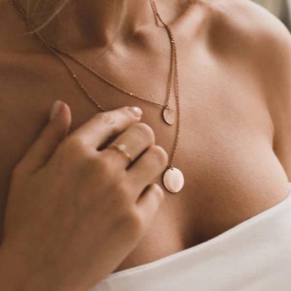 Rose Gold Necklace with Circle Pendants | Layered Coin Necklace with 2 Circle Charms | Gold Disk Necklace