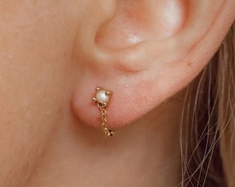Pearl Chain Stud Earrings Sterling Silver | Gold Plated Dangle Earrings Drop Chain Earrings