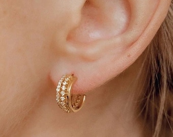 Triple Hoop Earrings Sterling Silver | Gemstones Fan Earrings Gold Plated | Huggie Hoop Earrings with Zirconia