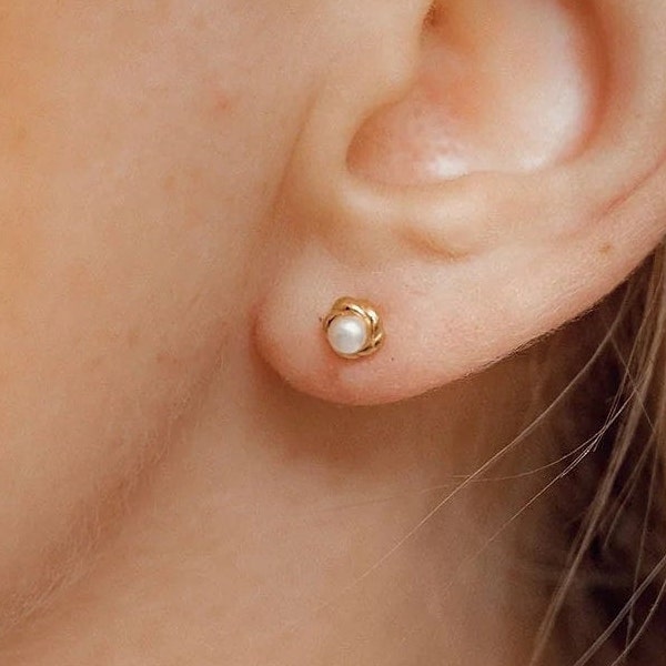 Pearl Petal Stud Earrings Sterling Silver | Small Pearl Studs Gold Plated Basic Earrings