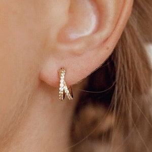 Criss Cross Hoop Gemstones Earrings | Small Crystal Hoops | Gold Plated Huggie Earrings with Zirconia