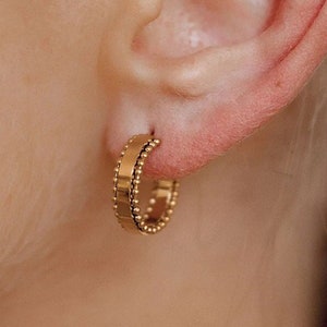 Beaded Band Gold Hoop Earrings Stainless Steel | Small Hoops Wide Band Earrings Waterproof Jewelry