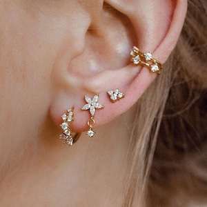 Stapelset edelsteenoorbellen sterlingzilver | 4 stapelbare oorbellen 18 kt verguld met zirkonia