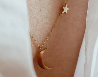 Star and Moon Pendant Necklace Gold | Rose Gold Necklace with Half Moon | Crescent Moon Necklace Silver Stainless Steel