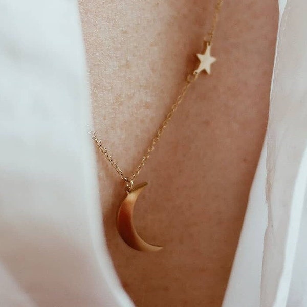 Star and Moon Pendant Necklace Gold | Rose Gold Necklace with Half Moon | Crescent Moon Necklace Silver Stainless Steel