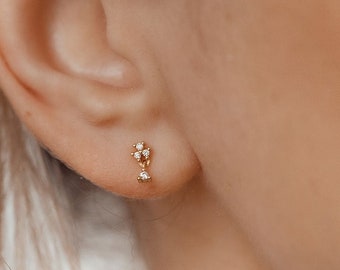 Flower Drop Stud Earrings Sterling Silver | Delicate Drop Studs with Gemstone Charm | Small Gold Flower Earrings