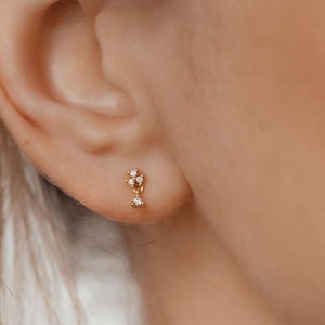 Flower Drop Stud Earrings Sterling Silver Delicate Drop Studs with Gemstone Charm Small Gold Flower Earrings image 1