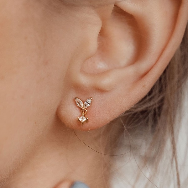 Kleine Tropfen Ohrringe aus Sterlingsilber | Baumelnde Edelstein-Ohrstecker | Minimalistische Ohrringe mit Kristallcharme