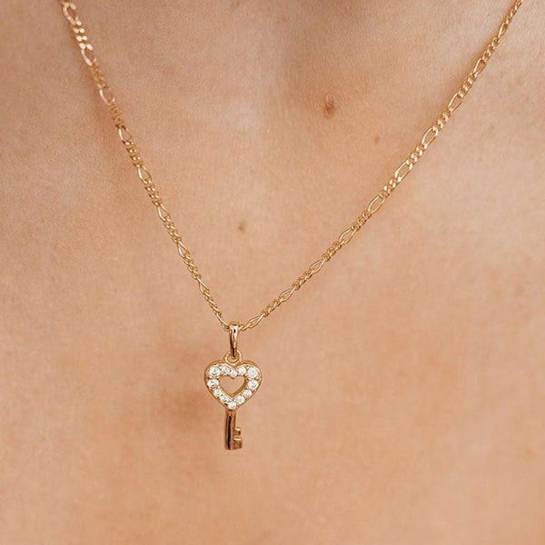 Heart Key Pendant Necklace Sterling Silver Gold Plated | Dainty Chain Necklace | Key Charm with Gemstone Heart for Necklace or Bracelet