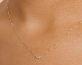 Collier chaîne en or 585 et pendentif zircone | Charm chaîne en or massif 14 carats avec pierres précieuses | Délicate chaîne en or véritable avec zircone